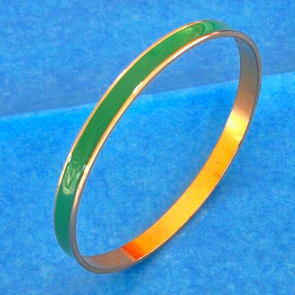 Green Enamel Bangle Bracelet Gold Tone Liner, Vintage